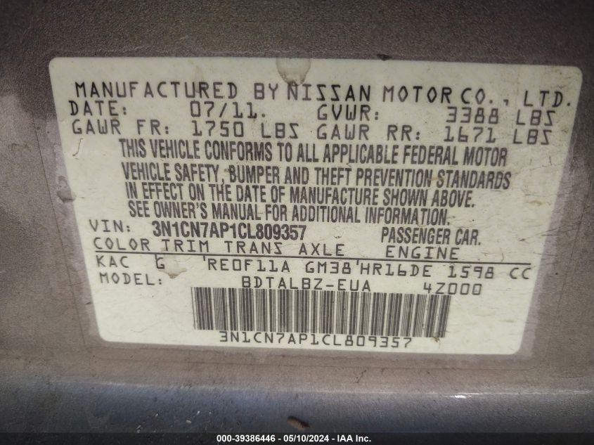 2012 Nissan Versa 1.6 Sv VIN: 3N1CN7AP1CL809357 Lot: 39386446