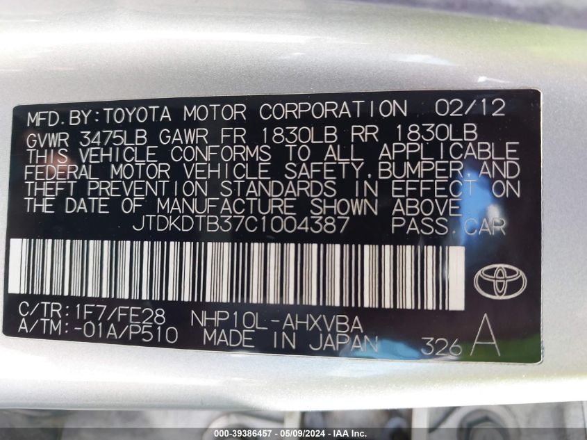 2012 Toyota Prius C One VIN: JTDKDTB37C1004387 Lot: 39386457