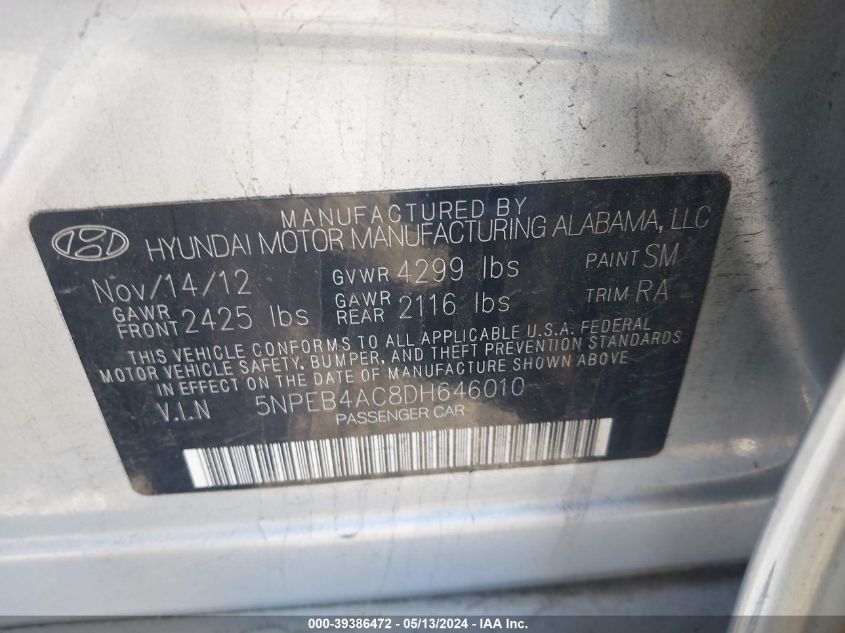 2013 Hyundai Sonata Gls VIN: 5NPEB4AC8DH646010 Lot: 39386472