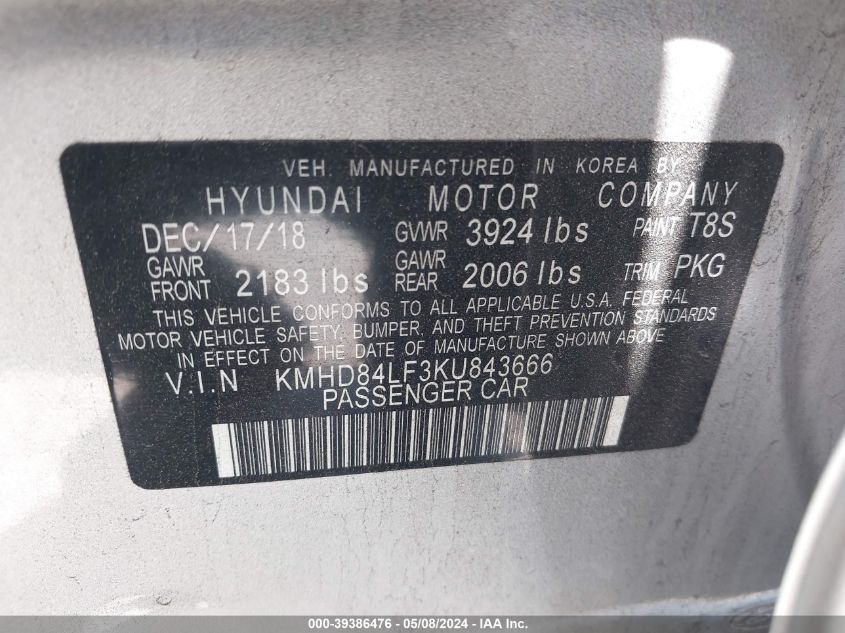 2019 Hyundai Elantra Sel VIN: KMHD84LF3KU843666 Lot: 39386476