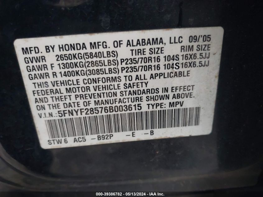 2006 Honda Pilot Ex-L VIN: 5FNYF28576B003615 Lot: 39386782