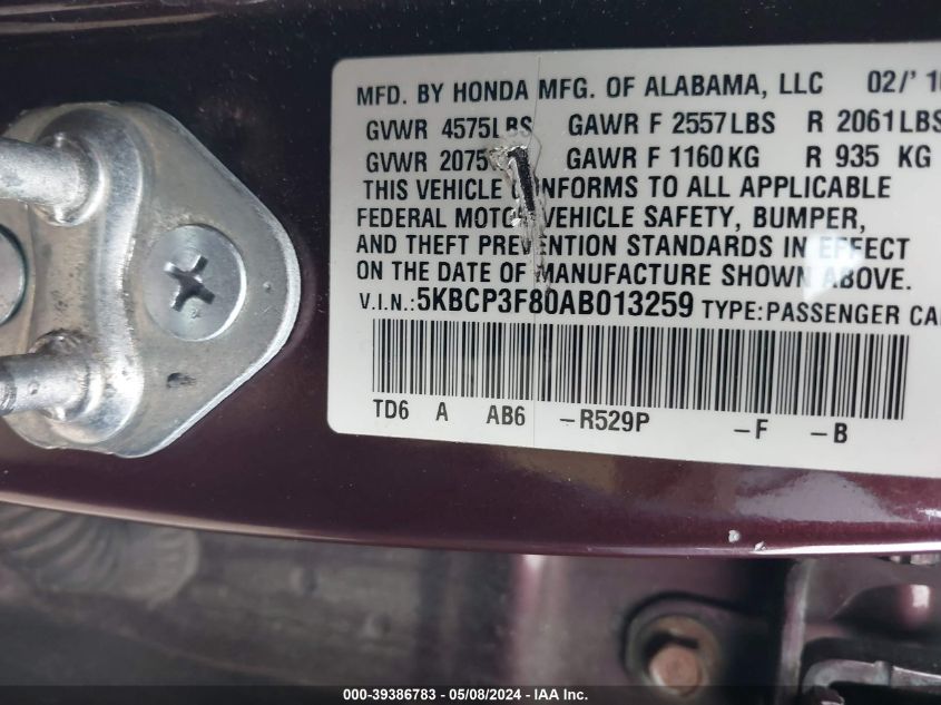 2010 Honda Accord 3.5 Ex-L VIN: 5KBCP3F80AB013259 Lot: 39386783