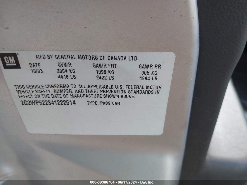 2004 Pontiac Grand Prix Gt1 VIN: 2G2WP522341222614 Lot: 39386784