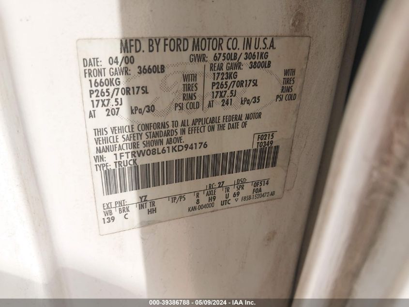 2001 Ford F-150 King Ranch Edition/Lariat/Xlt VIN: 1FTRW08L61KD94176 Lot: 39386788