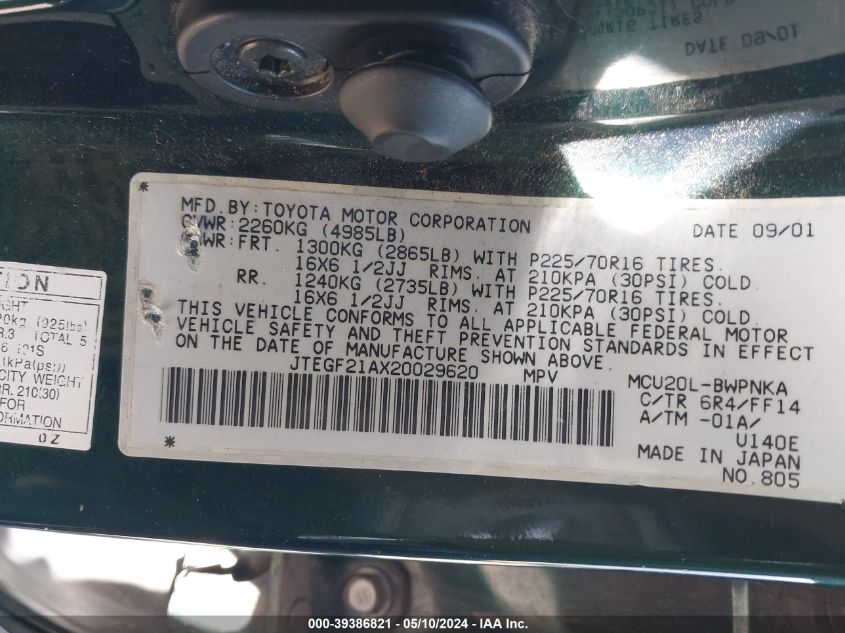 2002 Toyota Highlander Limited V6 VIN: JTEGF21AX20029620 Lot: 39386821