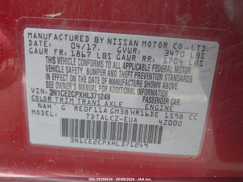 2017 Nissan Versa Note S Plus VIN: 3N1CE2CPXHL371249 Lot: 39386834