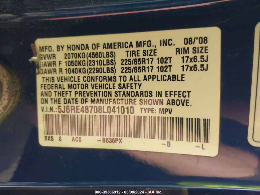 2008 Honda Cr-V Ex-L VIN: 5J6RE48708L041010 Lot: 39386912