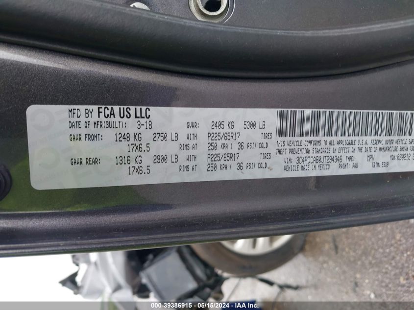 2018 Dodge Journey Se VIN: 3C4PDCAB0JT294346 Lot: 39386915