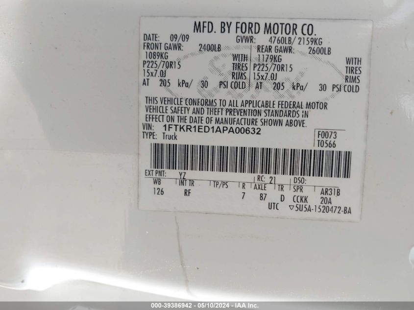 2010 Ford Ranger Xl/Xlt VIN: 1FTKR1ED1APA00632 Lot: 39386942