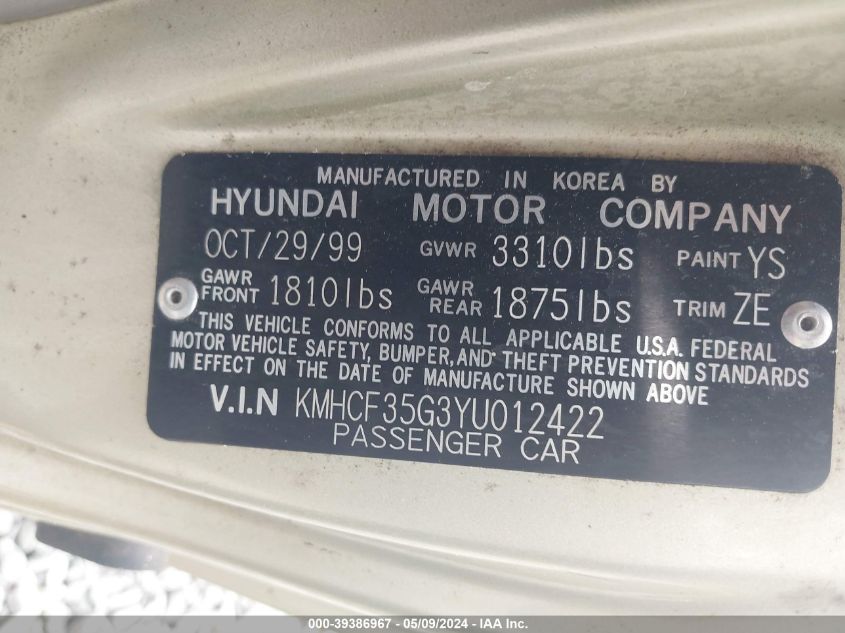 2000 Hyundai Accent L VIN: KMHCF35G3YU012422 Lot: 39386967