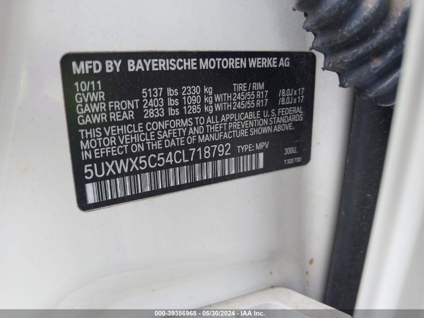 2012 BMW X3 xDrive28I VIN: 5UXWX5C54CL718792 Lot: 39386968