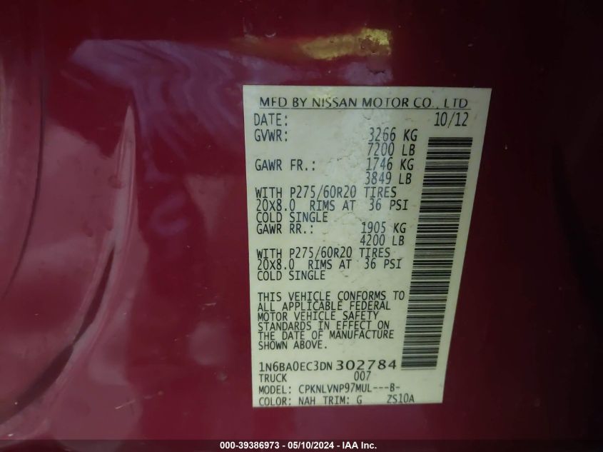 2013 Nissan Titan Sl VIN: 1N6BA0EC3DN302784 Lot: 39386973