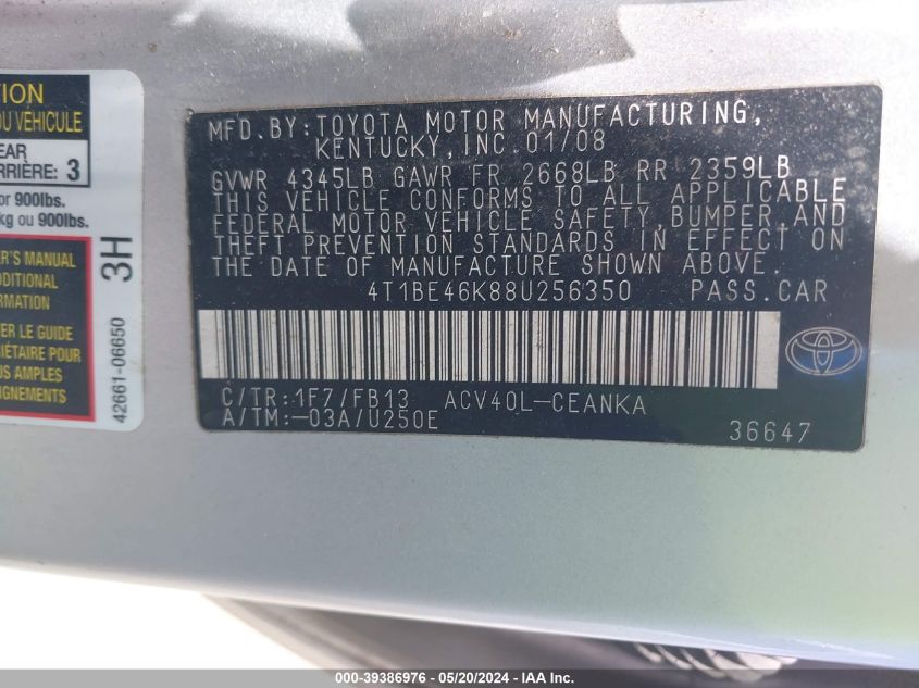 2008 Toyota Camry Le VIN: 4T1BE46K88U256350 Lot: 39386976
