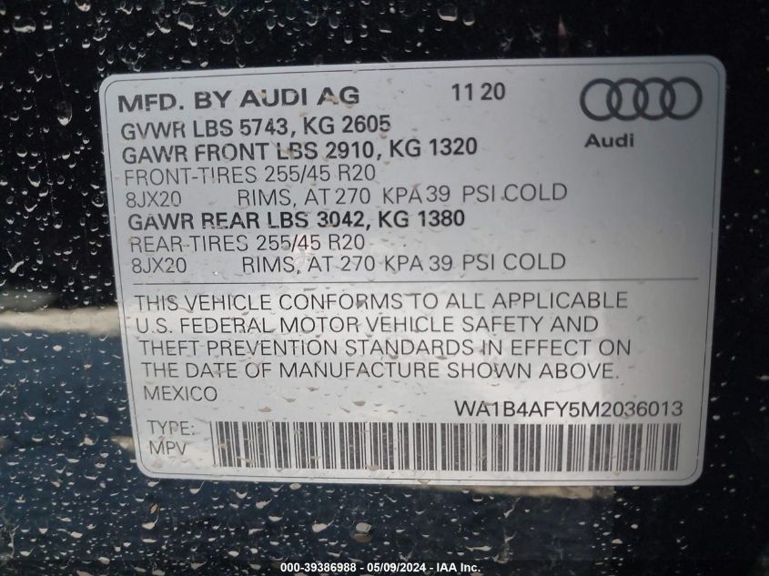 2021 Audi Sq5 Premium Plus Tfsi Quattro Tiptronic VIN: WA1B4AFY5M2036013 Lot: 39386988