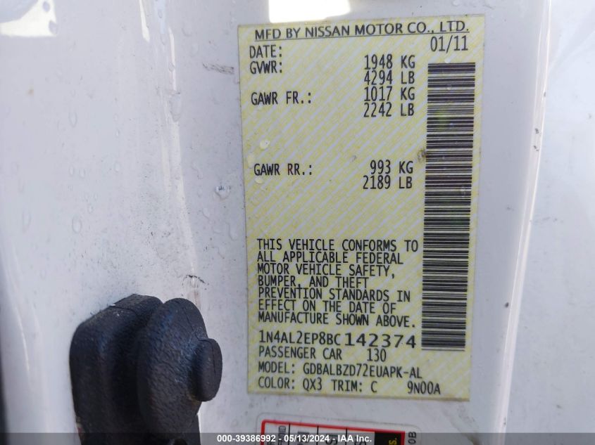 2011 Nissan Altima 2.5 S VIN: 1N4AL2EP8BC142374 Lot: 39386992