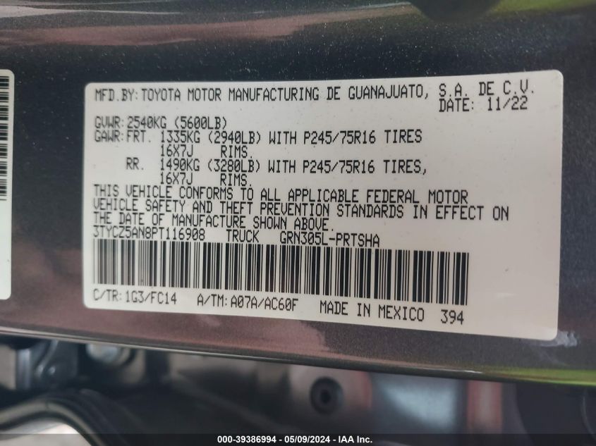 2023 Toyota Tacoma Sr5 V6 VIN: 3TYCZ5AN8PT116908 Lot: 39386994