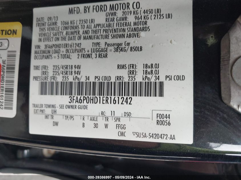 2014 Ford Fusion Se VIN: 3FA6P0HD1ER161242 Lot: 39386997