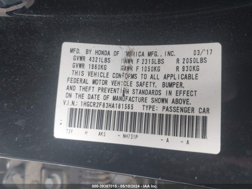 VIN 1HGCR2F83HA181565 2017 HONDA ACCORD EXL