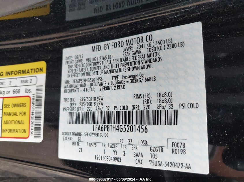 2016 Ford Mustang Ecoboost VIN: 1FA6P8TH4G5201456 Lot: 39387017