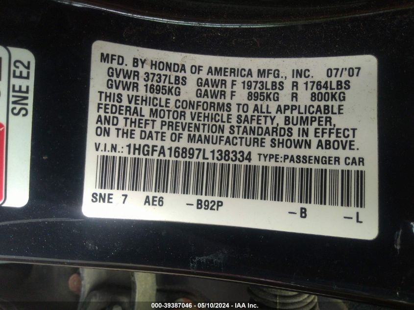 2007 Honda Civic Ex VIN: 1HGFA16897L138334 Lot: 39387046