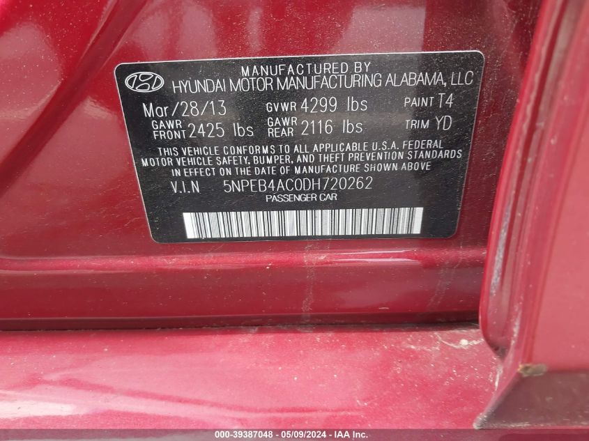 2013 Hyundai Sonata Gls VIN: 5NPEB4AC0DH720262 Lot: 39387048