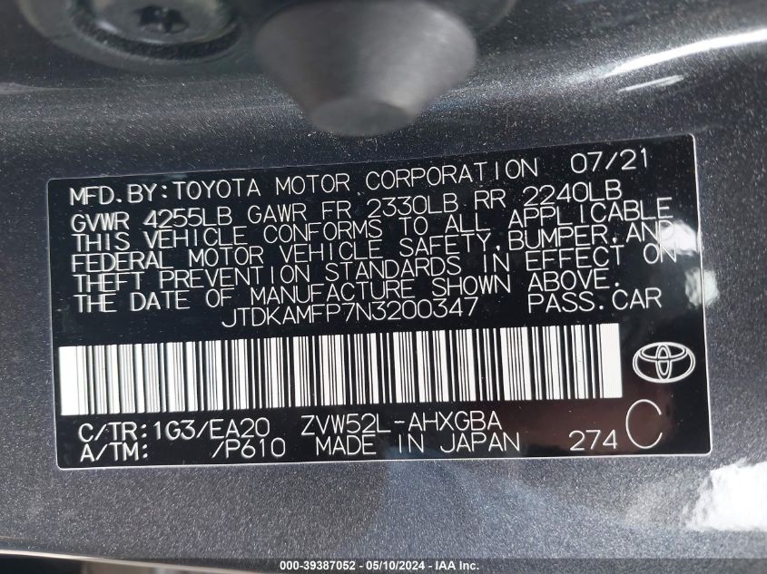 2022 Toyota Prius Prime Xle VIN: JTDKAMFP7N3200347 Lot: 39387052