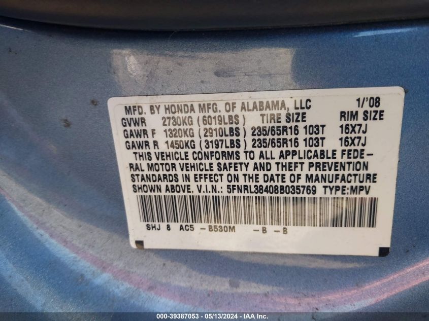 2008 Honda Odyssey Ex VIN: 5FNRL38408B035769 Lot: 39387053