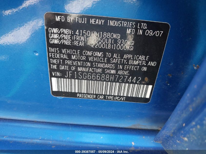 2008 Subaru Forester Sports 2.5X VIN: JF1SG66688H727442 Lot: 39387057