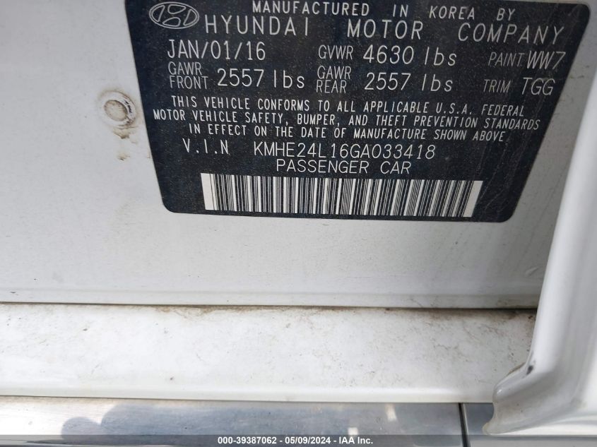 2016 Hyundai Sonata Hybrid Se VIN: KMHE24L16GA033418 Lot: 39387062