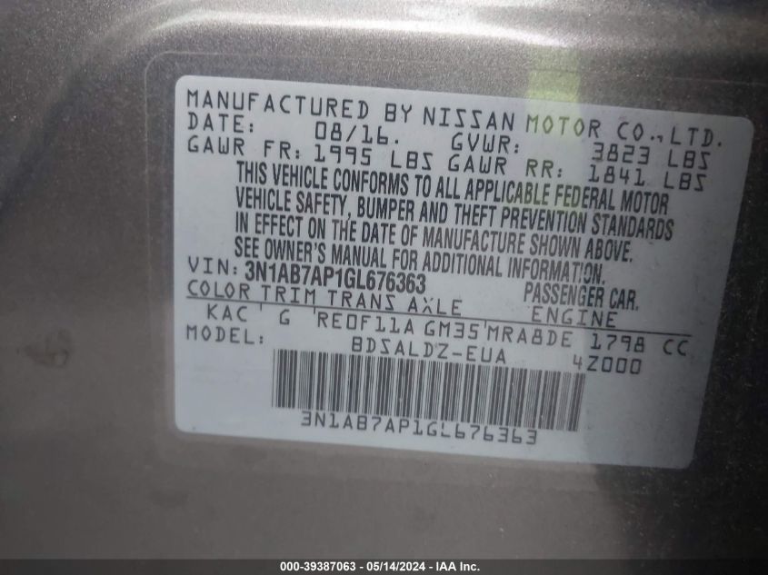 2016 NISSAN SENTRA SV - 3N1AB7AP1GL676363