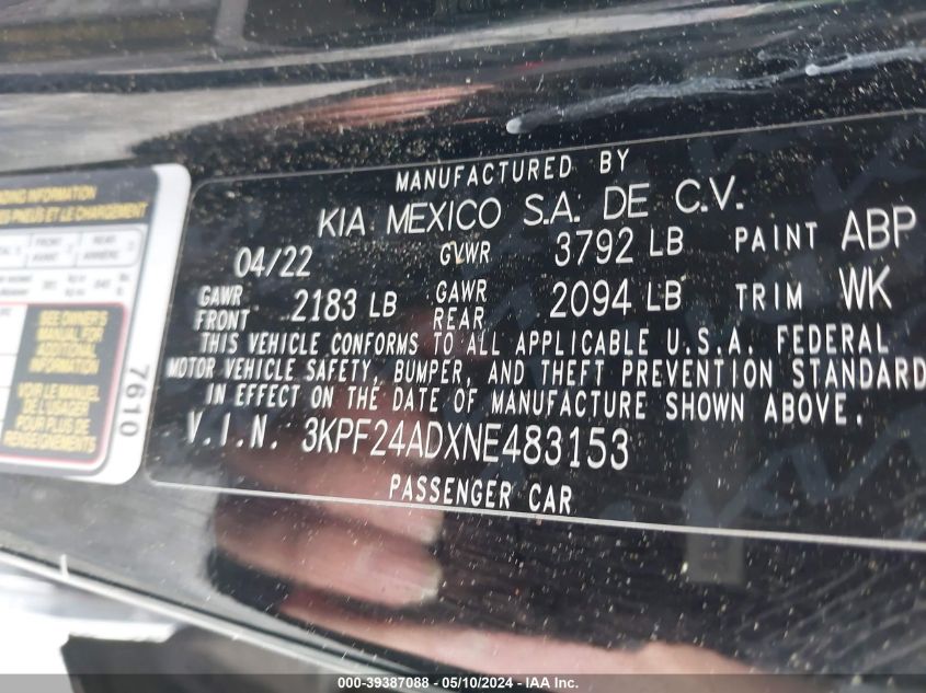 2022 Kia Forte Lxs VIN: 3KPF24ADXNE483153 Lot: 39387088