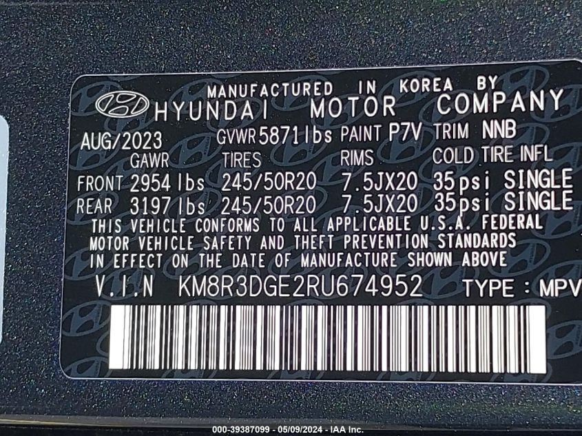 2024 Hyundai Palisade Xrt VIN: KM8R3DGE2RU674952 Lot: 39387099