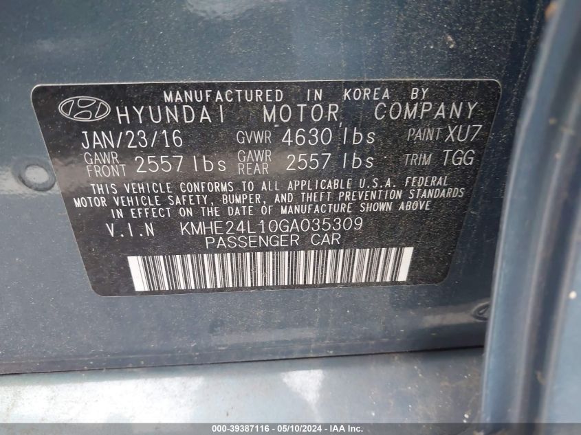 2016 Hyundai Sonata Hybrid Se VIN: KMHE24L10GA035309 Lot: 39387116