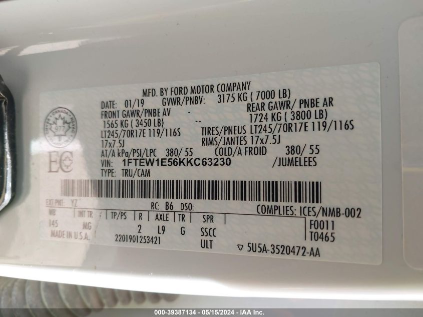 2019 Ford F-150 Xlt VIN: 1FTEW1E56KKC63230 Lot: 39387134
