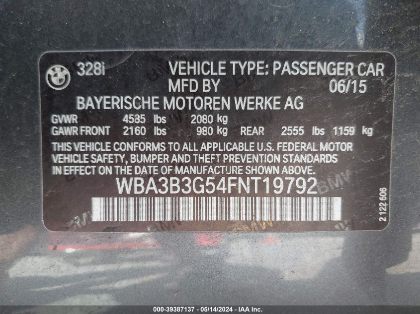2015 BMW 328I xDrive VIN: WBA3B3G54FNT19792 Lot: 39387137