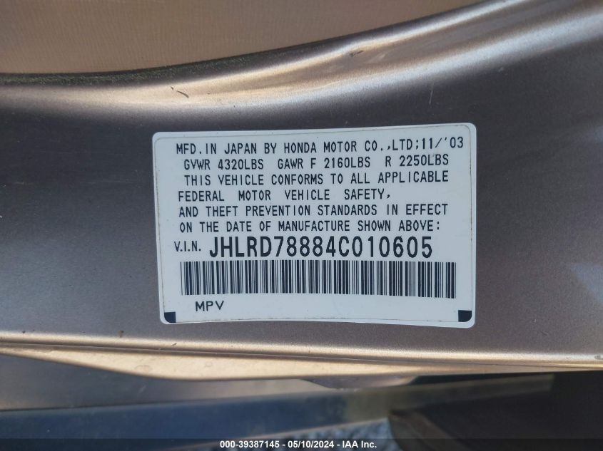 2004 Honda Cr-V Ex VIN: JHLRD78884C010605 Lot: 39387145
