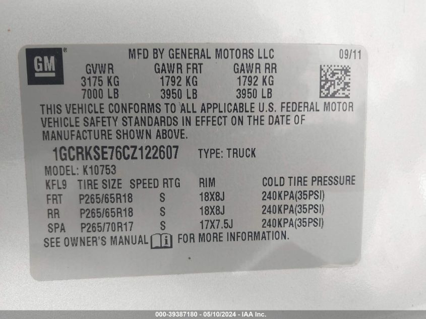 2012 Chevrolet Silverado 1500 Lt VIN: 1GCRKSE76CZ122607 Lot: 39387180