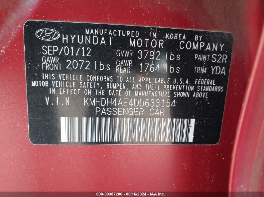 2013 Hyundai Elantra Gls VIN: KMHDH4AE4DU633154 Lot: 39387200