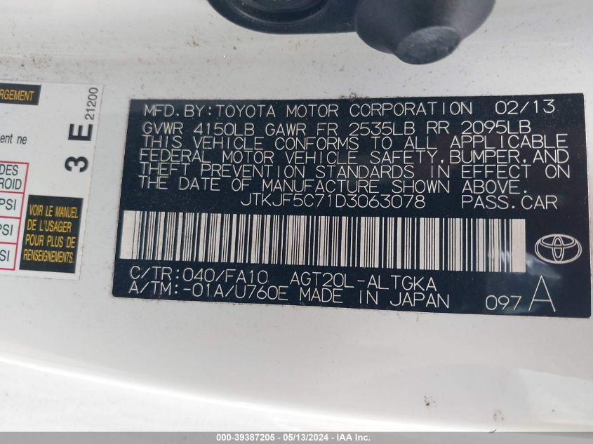 2013 Scion Tc VIN: JTKJF5C71D3063078 Lot: 39387205