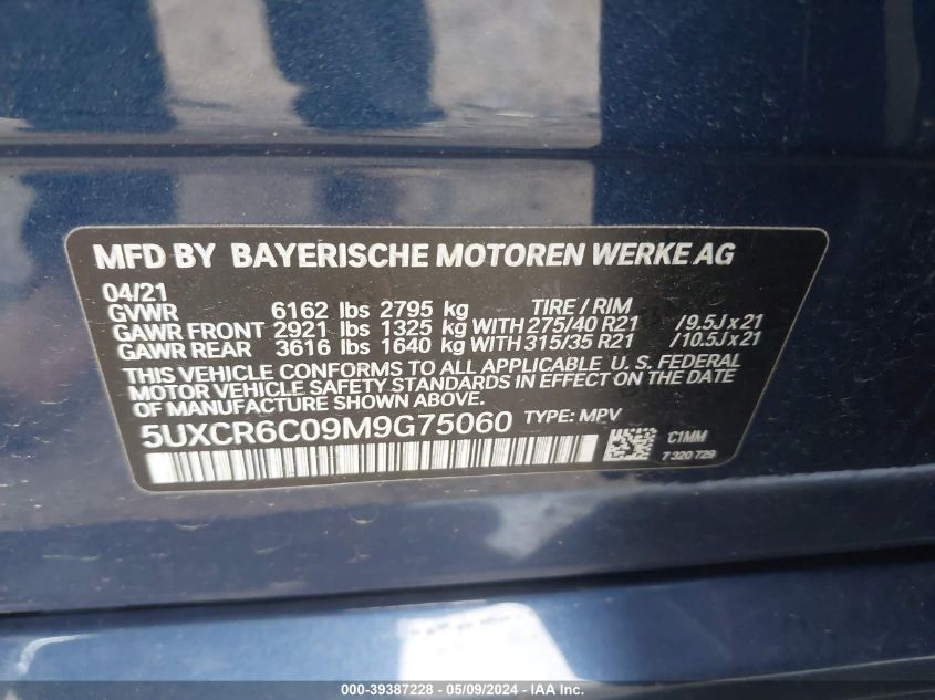 2021 BMW X5 xDrive40I VIN: 5UXCR6C09M9G75060 Lot: 39387228