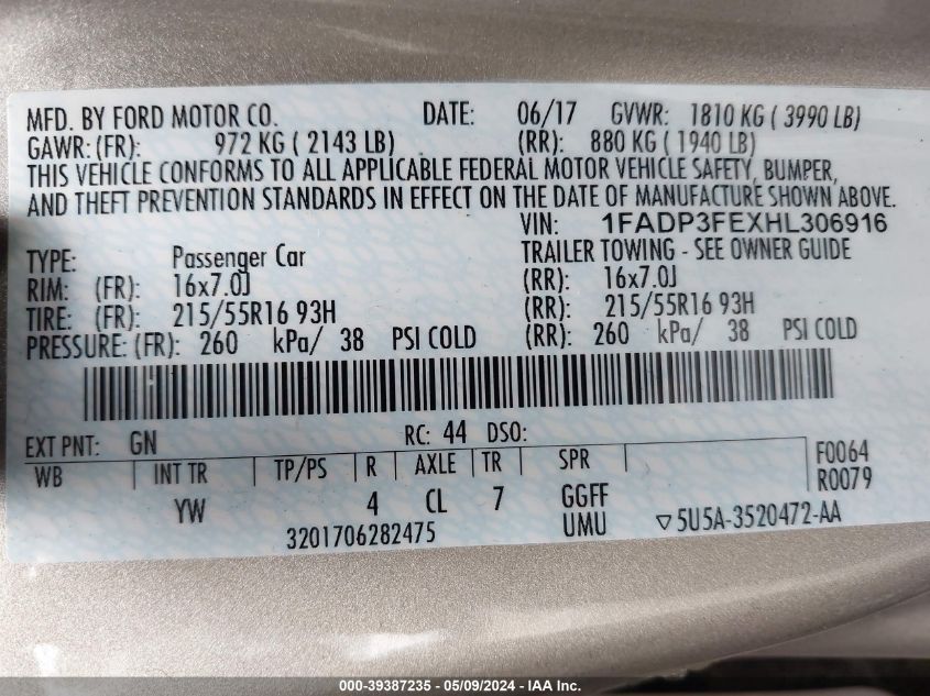 2017 Ford Focus Se VIN: 1FADP3FEXHL306916 Lot: 39387235