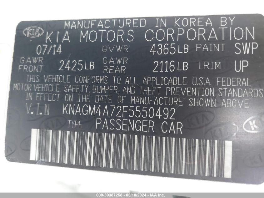 2015 Kia Optima Lx VIN: KNAGM4A72F5550492 Lot: 39387258