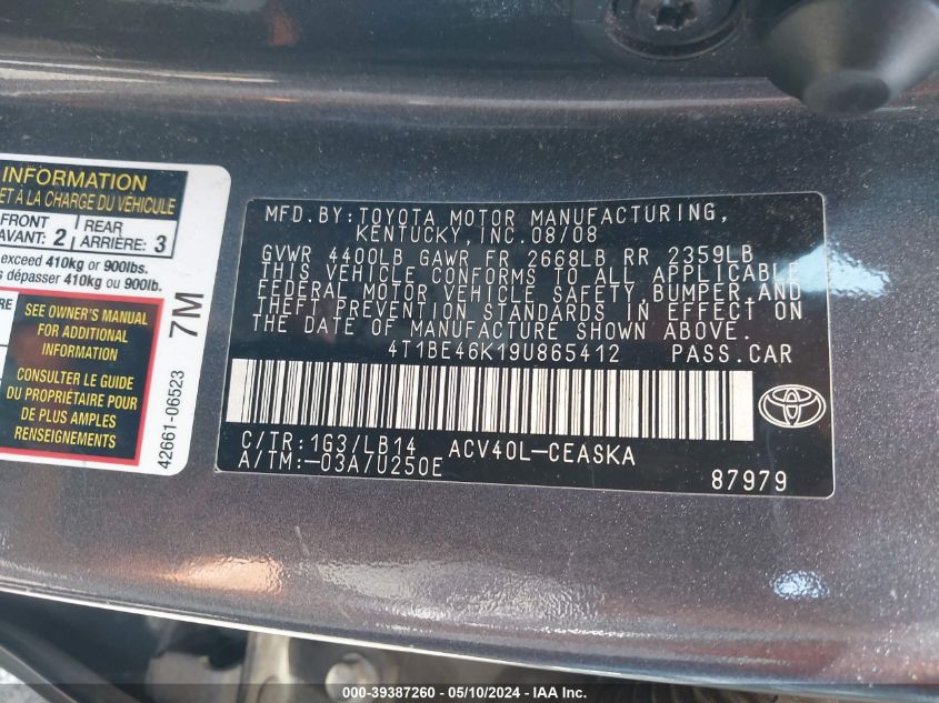 2009 Toyota Camry Se VIN: 4T1BE46K19U865412 Lot: 39387260