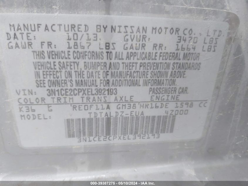 2014 Nissan Versa Note Sv VIN: 3N1CE2CPXEL392193 Lot: 39387275