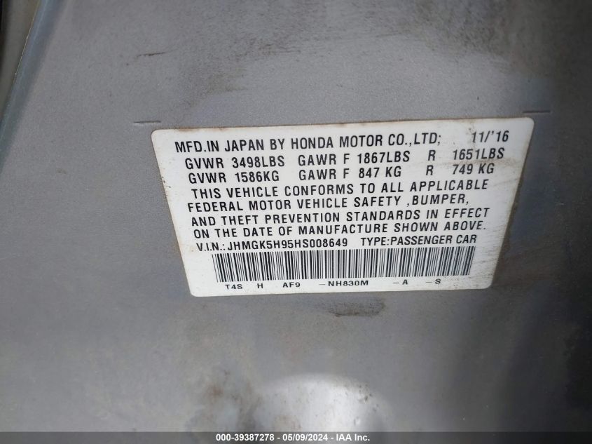 2017 Honda Fit Ex-L VIN: JHMGK5H95HS008649 Lot: 39387278