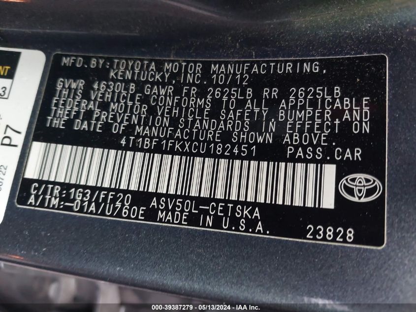 2012 Toyota Camry Se VIN: 4T1BF1FKXCU182451 Lot: 39387279