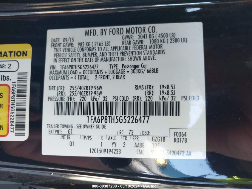 2016 Ford Mustang Ecoboost VIN: 1FA6P8TH5G5226477 Lot: 39387280