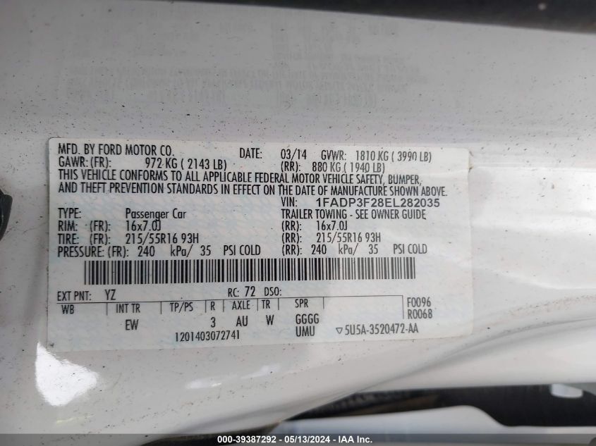 2014 Ford Focus Se VIN: 1FADP3F28EL282035 Lot: 39387292