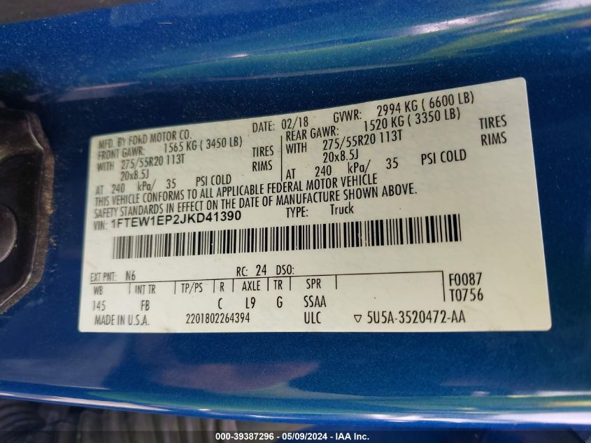2018 Ford F-150 Xlt VIN: 1FTEW1EP2JKD41390 Lot: 39387296