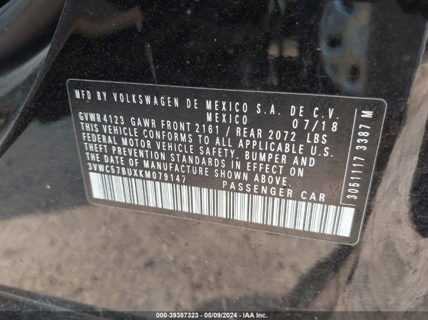 2019 Volkswagen Jetta 1.4T R-Line/1.4T S/1.4T Se VIN: 3VWC57BUXKM079147 Lot: 39387323